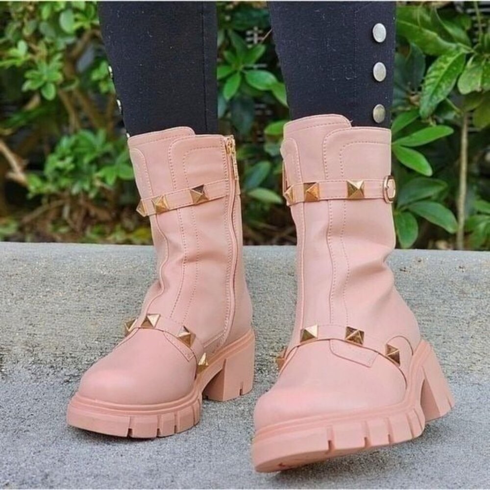 Nude Women's Pyramid Stud Combat Ankle Boots Round Closed Toe